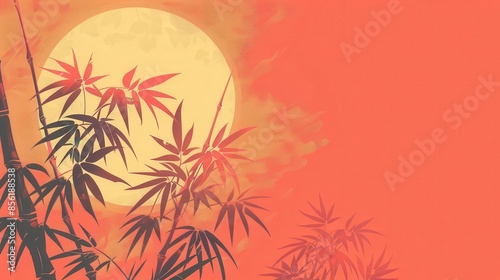 A bamboo forest with a large moon in the background. The moon is orange and the sky is a deep red. photo