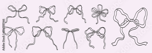 Set of minimalist various bow knots, tie ups, gift bows. Hand drawn Vector illustration. Isolated design elements. Wedding celebration, holiday, party decoration, gift, present concept
