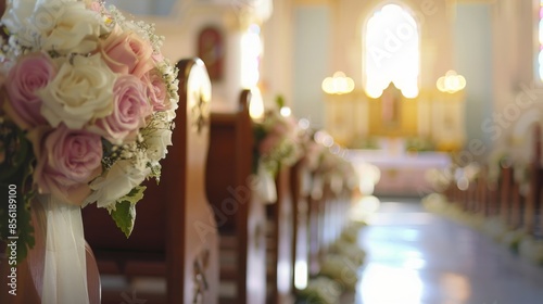 A close-up of a pink and white rose bouquet resting on a church pew, with the aisle and altar blurred in the background. The scene is set for a wedding ceremony.