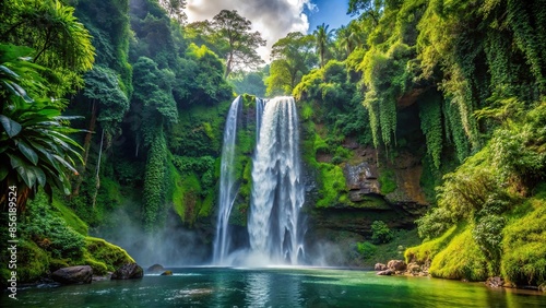 Majestic waterfall hidden in the lush jungle , jungle, nature, tropical, waterfall, stream, flow, cascade, greenery photo