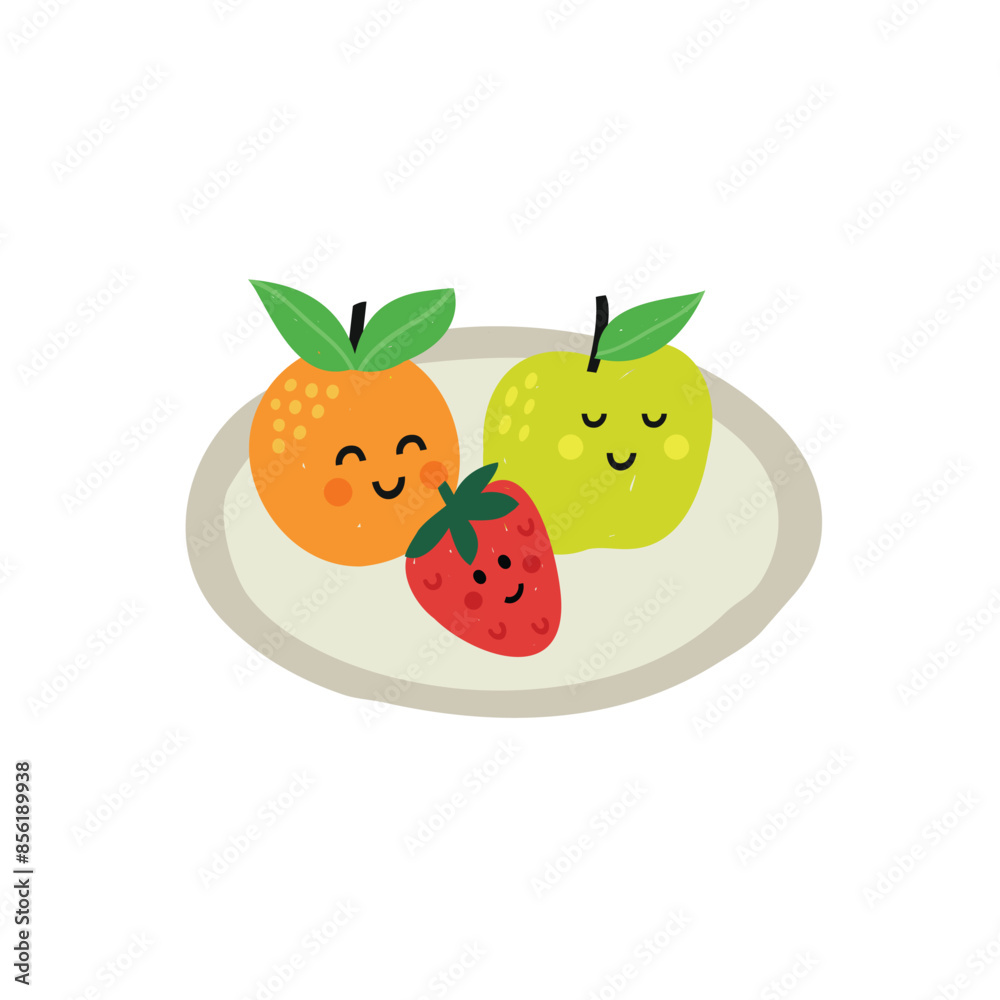Healthy fruit characters smiling on the plate. Concept of healthy lifestyle for kids. Orange, apple, strawberry. Healthy fruit characters smiling on the plate. Concept of healthy lifestyle for kids. Orange, apple, strawberry.