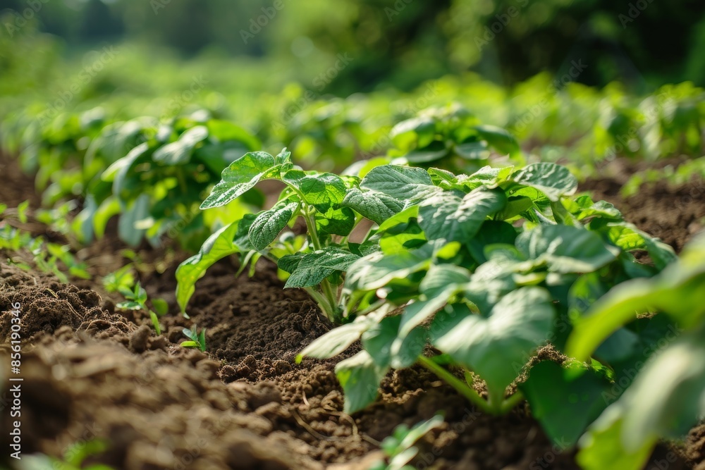 Lush Organic Potato Farm in Picturesque Countryside with Rich Dark Soil and Green Plants Lush Organic Potato Farm in Picturesque Countryside with Rich Dark Soil and Green Plants