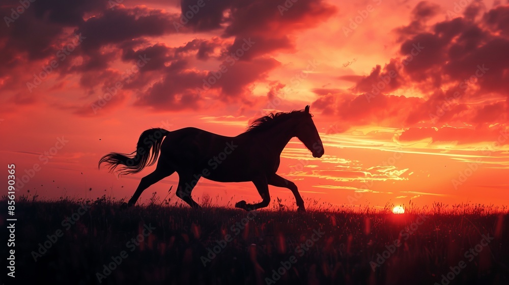 Horse running across a grassy field at sunset, silhouette view. Nature and freedom concept Horse running across a grassy field at sunset, silhouette view. Nature and freedom concept