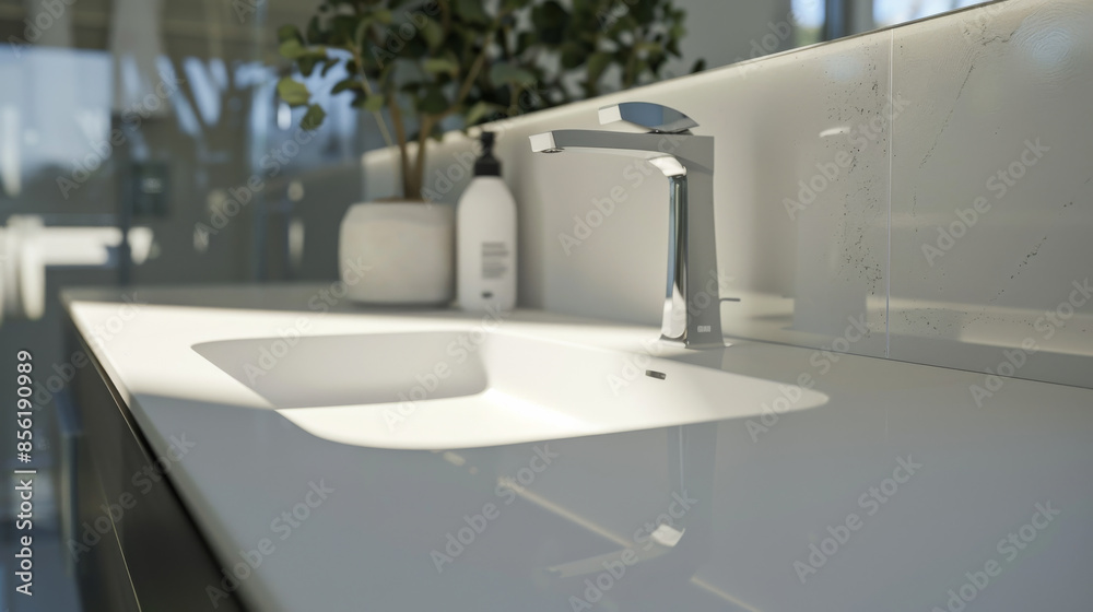 Minimalist modern bathroom sink area lit by natural light, featuring sleek faucet and potted greenery. Minimalist modern bathroom sink area lit by natural light, featuring sleek faucet and potted greenery.