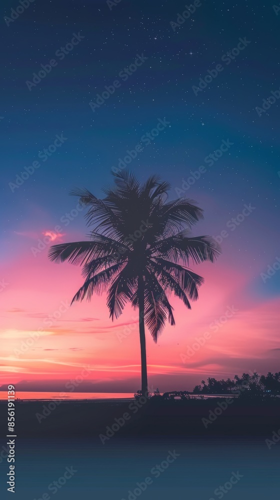 Obraz premium Palm tree silhouette at tropical sunset with starry night sky, peaceful beach scene