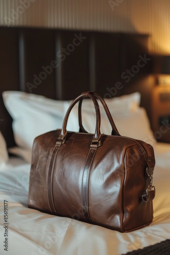 High Quality Leather Travel Bag for Business Professionals Displayed on a Plush Hotel Bed