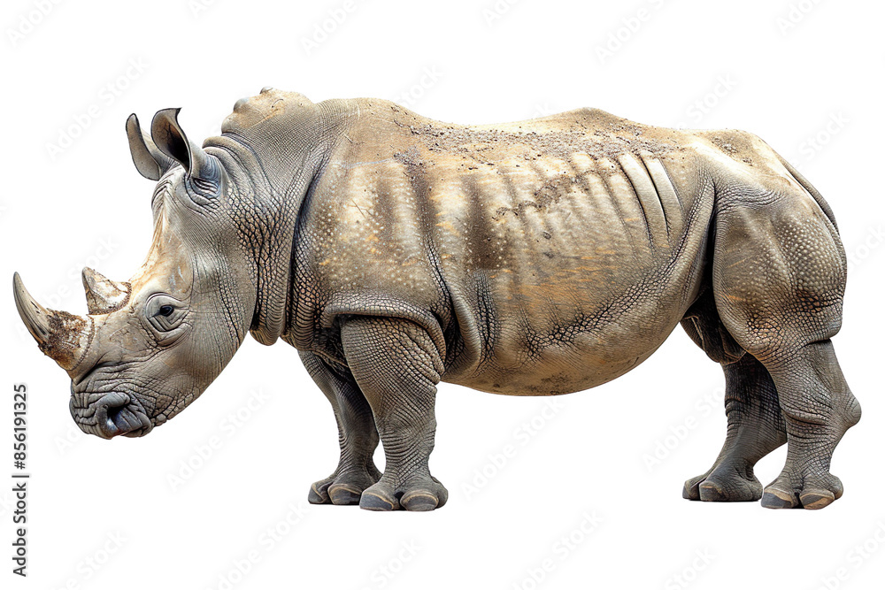 Fototapeta premium View from side of rhinoceros isolated on white background, transparent background