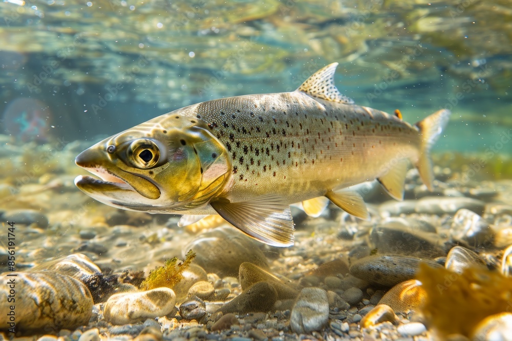 Freshwater Trout Swimming in Clear River - Underwater Nature Photography for Print, Card, Poster Freshwater Trout Swimming in Clear River - Underwater Nature Photography for Print, Card, Poster