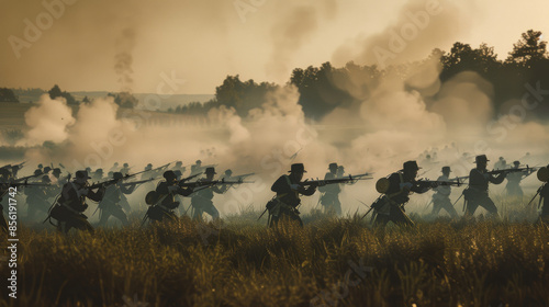 Civil war reenactors in historical uniform charge forward amidst a smoky battlefield, capturing the intensity and grit of historical warfare.