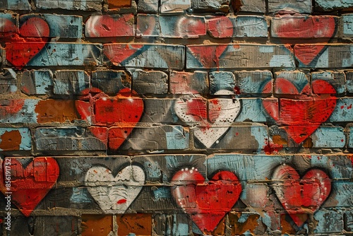 Hearts graffiti drawn on the brick wall. Love, valentine's concept. Ai generative