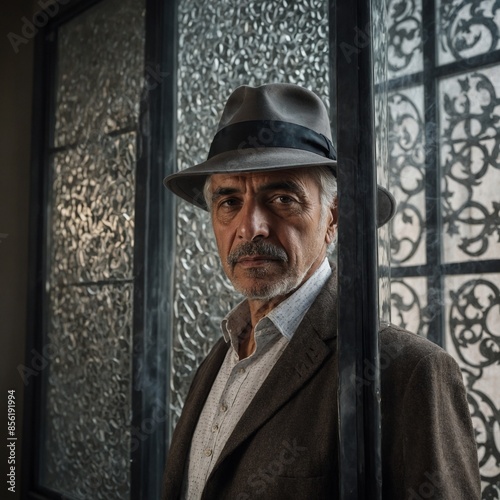 Man stands in front of decorative glass door, partially obscured by wooden frame. Man wears hat, coat, suggesting formal, outdoor setting. © Tamazina