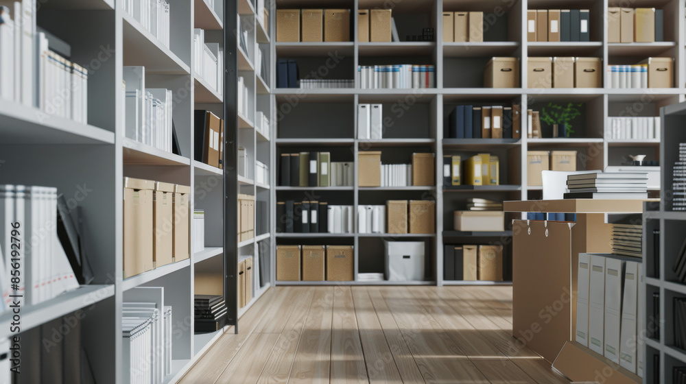 Office archive stacked with files, books, and boxes meticulously organized on shelves, creating a clean and efficient work environment. Office archive stacked with files, books, and boxes meticulously organized on shelves, creating a clean and efficient work environment.