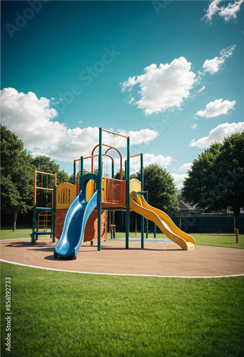 a playground with slides and a blue sky and clouds in the background