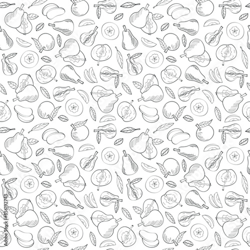 Seamless endless pattern of apples and pears. Illustration in hand drawn style. Can be used to create packaging, covers, backgrounds, cards, textiles, clothing, souvenirs and much more.