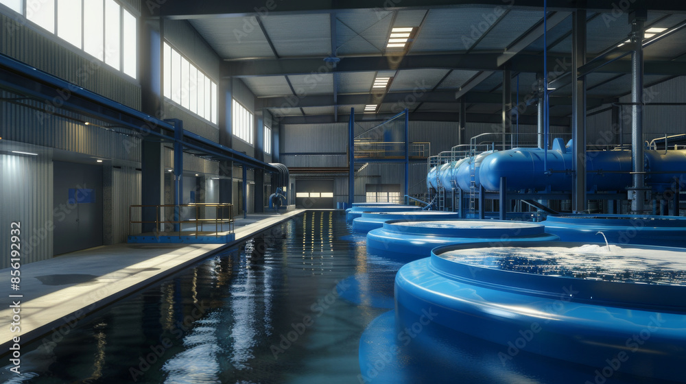 Modern industrial facility with large blue tanks and well-lit interiors, reflecting off the clean water surface. Modern industrial facility with large blue tanks and well-lit interiors, reflecting off the clean water surface.