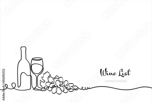 Bottle of wine with wineglass and grape bunch in continuous line art drawing style. Wine list. Minimalist black linear sketch isolated on white background. Vector illustration