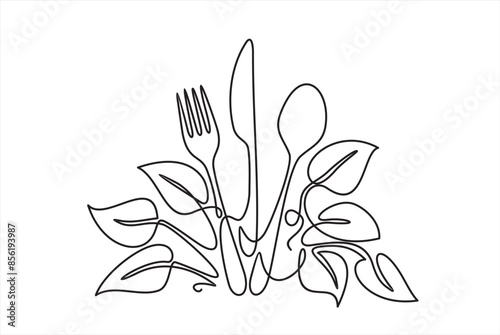 Logo design organic food. Continuous one line drawing of fork, knife, spoon and leafs design icon vector illustration