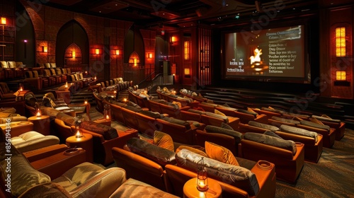 A dimly lit movie theater with plush, reclining seats and individual tables with candles. The screen is showing a preview of an upcoming film.