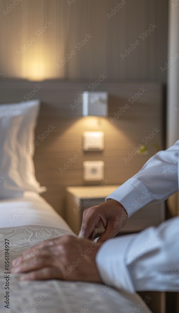 Fototapeta premium Housekeeper Sanitizing Light Switch in Elegant Hotel Room with Modern Decor and Plush Bedding