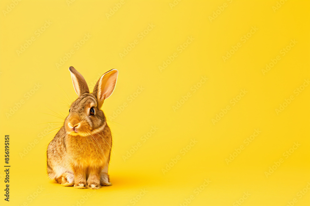 Obraz premium Red rabbit on yellow background with copy space