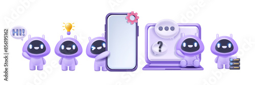 3D AI chat bot icon set, cartoon artificial intelligence robot character, vector cute online support. Kawaii smart virtual assistant, customer service interface mascot concept. 3D bot message clipart