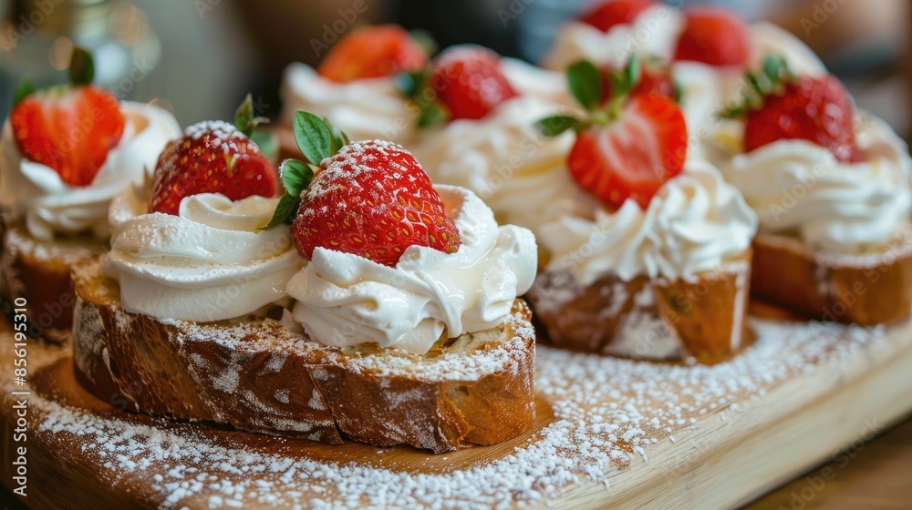 Bakery bread topped with whipped cream and strawberries Bakery bread topped with whipped cream and strawberries