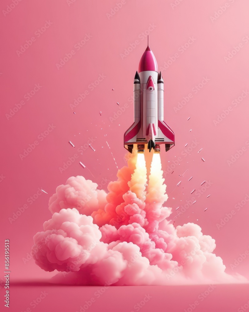 A minimalist image of a rocket launching with vibrant pink smoke against a pastel pink background, creating a striking visual contrast. A minimalist image of a rocket launching with vibrant pink smoke against a pastel pink background, creating a striking visual contrast.