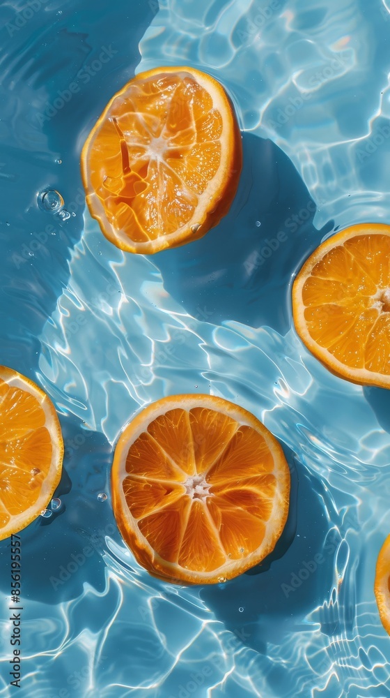 Sliced oranges floating in clear blue water, refreshing and vibrant concept Sliced oranges floating in clear blue water, refreshing and vibrant concept