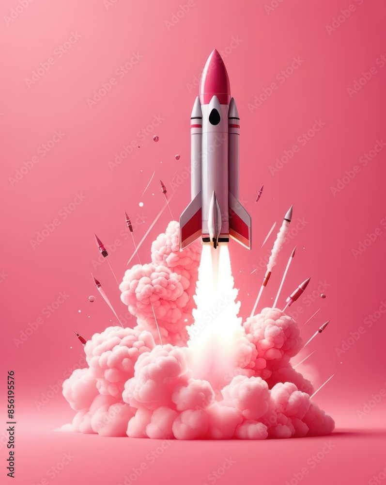 A minimalist image of a rocket launching with vibrant pink smoke against a pastel pink background, creating a striking visual contrast. A minimalist image of a rocket launching with vibrant pink smoke against a pastel pink background, creating a striking visual contrast.