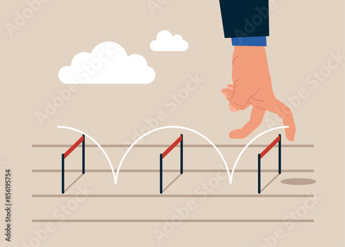 Human hand jumping higher over hurdle. Business concept