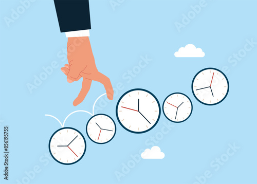Human hand running on group of time clocks. Manage time for rush. Flat vector illustration
