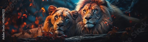 Pair of lions resting together, close up, focus on faces, vibrant colors, double exposure silhouette with savanna