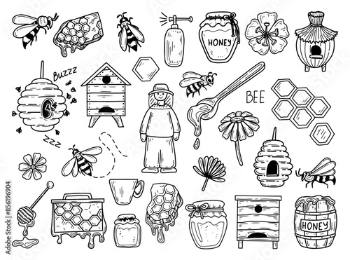 Honey apiary doodle clipart. Sweet farm, beekeeper, bee, wax, hive. Hand drawn vector sketch illustration. Large set of elements.