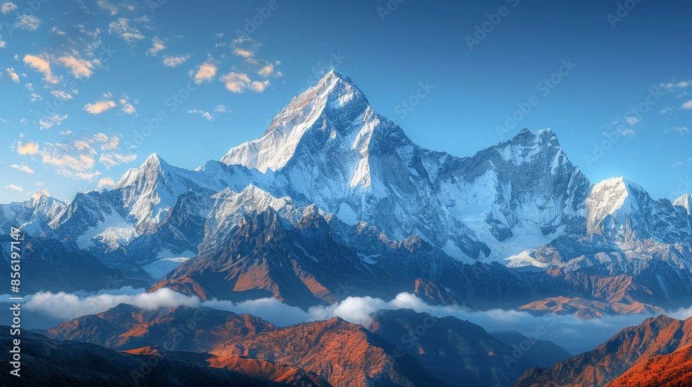 Obraz premium Snowy Mountain Peaks with Autumnal Hills