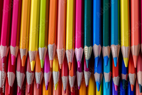 array of colorful pencils meticulously arranged in a row, with the focus on the pencil tips. The vibrant colors span reds, pinks, yellows, greens, blues, purples, oranges, and blac