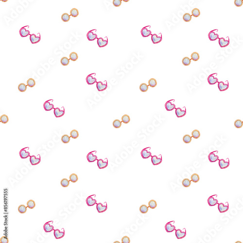 90s background. Seamless watercolor pattern with retro sunglasses illustrations for textile, wrapping paper, wallpapers
