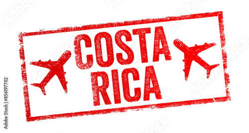 Costa Rica - is a country in the Central American region of North America, text emblem stamp with airplane