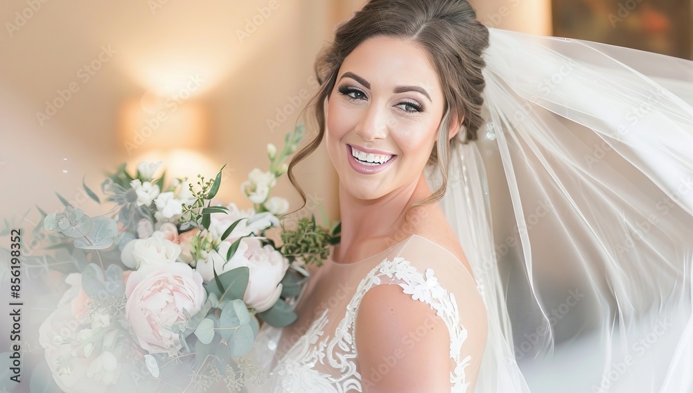 Naklejka premium A beautiful bride in her wedding dress, holding flowers and smiling at the camera
