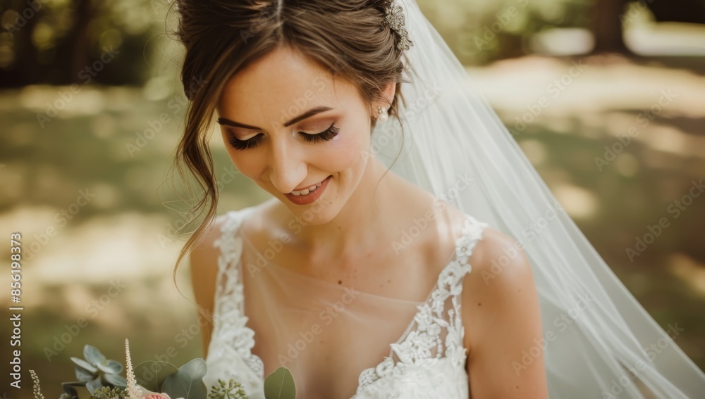 A beautiful bride in her wedding dress, holding flowers and smiling at the camera A beautiful bride in her wedding dress, holding flowers and smiling at the camera
