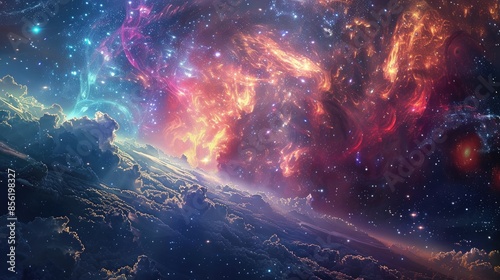 Fototapeta Naklejka Na Ścianę i Meble -  Abstract space background with a surreal cosmic landscape, transporting viewers to the depths of the universe.