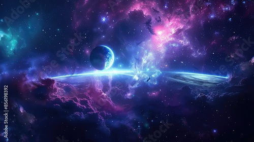 Fototapeta Naklejka Na Ścianę i Meble -  Abstract space background with a surreal cosmic landscape, transporting viewers to the depths of the universe.