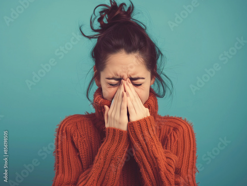 A woman sneezing, her face in her hands