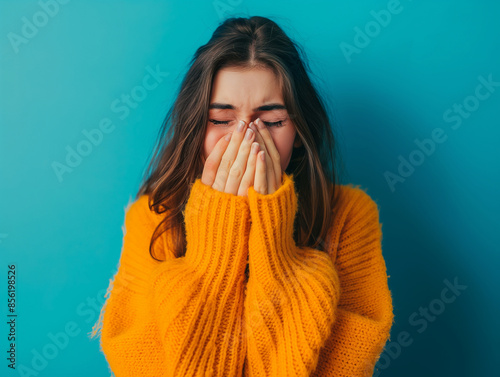 A woman sneezing, her face in her hands