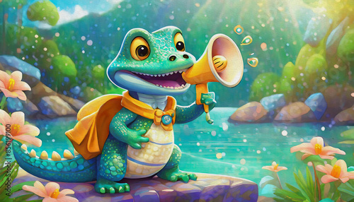 oil painting style cartoon character baby crocodile talking with megaphone