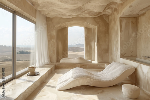 A minimalist country farmhouse in Tuscany featuring fine porcelain, providing a tranquil and clutter-free environment with intricate details and ultra-realistic design elements.