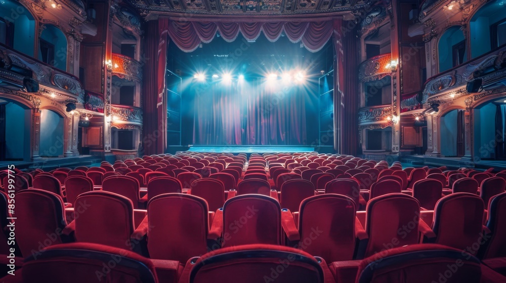 custom made wallpaper toronto digitalA view from the orchestra seating of an empty theater with red velvet seats and a stage with spotlights ready for a performance.