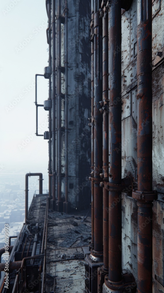 Rusty Industrial Building Exterior showcases an old, weathered industrial structure with rusted pipes and metal surfaces. Rusty Industrial Building Exterior showcases an old, weathered industrial structure with rusted pipes and metal surfaces.