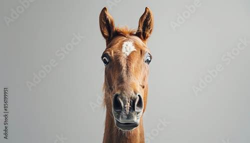 Surprised equine studio portrait of a shocked horse with wide eyed astonishment