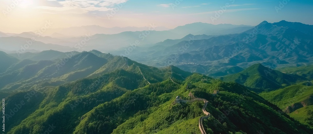 Fototapeta premium AI generator image of large area of sky, sunset, sea of clouds, lawn on the top of the mountain, ultra-wide angle, morning fog, loneliness, deep city, lonely atmosphere