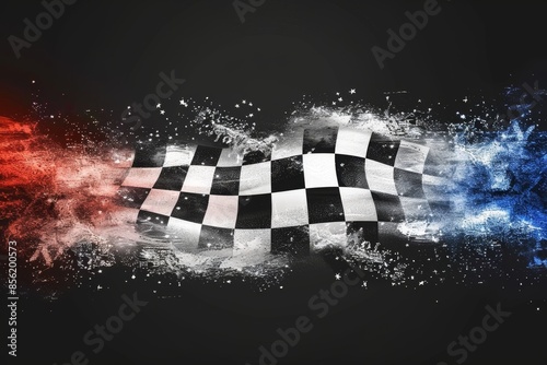 Pop art checkered racing flag on stylish metallic red, white, and blue background